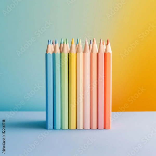 Fototapeta Close-up of pastel-colored pencils in vertical stack on muted blue surface