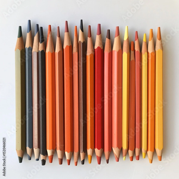 Fototapeta Horizontal Row of Colored Pencils in Shades of Orange, Red, Brown, and Dark Grey