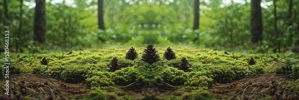 Obraz Mossy forest floor with symmetrical pine cones, nestled amongst lush green moss and blurred forest background