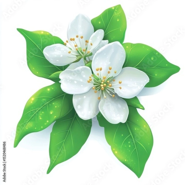 Obraz Two dewy white blossoms with vibrant green leaves, digitally rendered, isolated on white