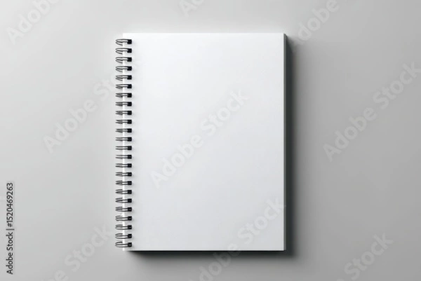 Obraz A blank, white spiral-bound notebook sits on a light gray surface, photographed from a high angle, showcasing its clean, minimalist design