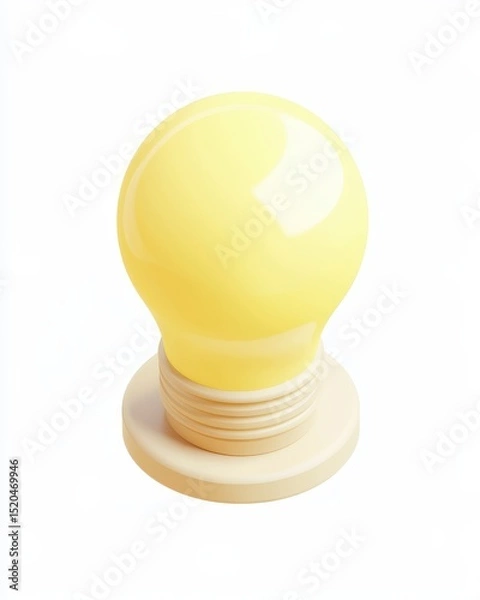 Obraz A pale yellow, bulbous lightbulb sits atop a creamy, circular base, rendered in a 3D, isometric style against a stark white background