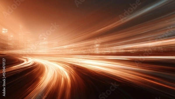 Obraz Abstract image of a curving road at night with light trails suggesting high speed, leading towards a distant city skyline under an orange-hued sky