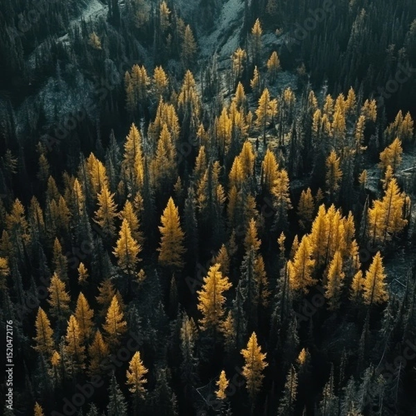 Fototapeta Aerial view of a dense forest with golden and dark green conifers, a small stream visible