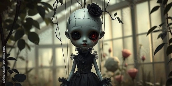 Obraz A chiaroscuro painting of a hyperrealistic, surreal chibi marionette a pale porcelain doll with gothic black rose elements. Its thin body has vine-like strings.  Its cracked face has a glowing crimson