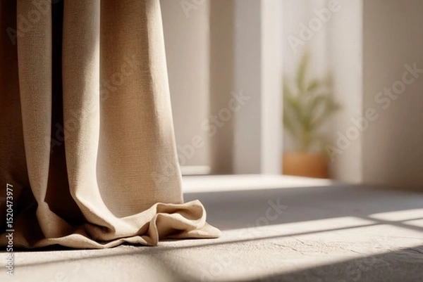 Fototapeta Soft Beige Curtain Draping Lightly in Warm Indoor Space