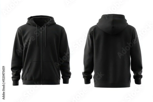 Fototapeta Front and back view of a plain black zip-up hoodie, showcasing its simple design and solid color