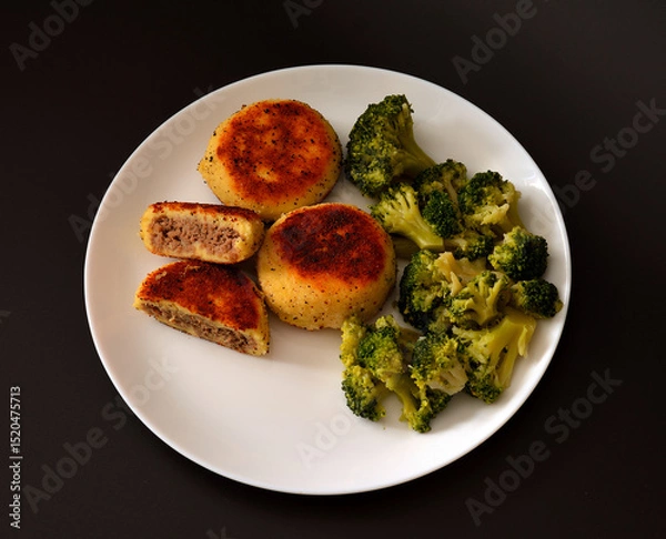 Obraz A plate with boiled broccoli and several potato cutlets stuffed with minced meat on a black background.