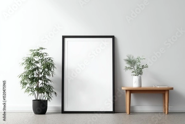 Obraz A minimalist interior scene features a large, blank framed poster flanked by potted plants and a small wooden side table against a white wall