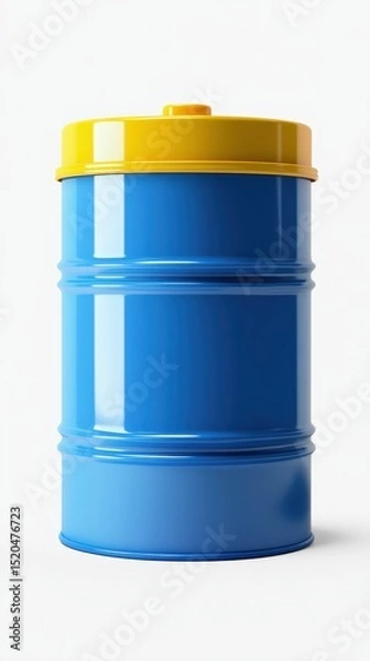 Obraz A vibrant blue metal barrel with a bright yellow lid,  standing upright against a plain white background.  The barrel shows subtle banding and a glossy finish