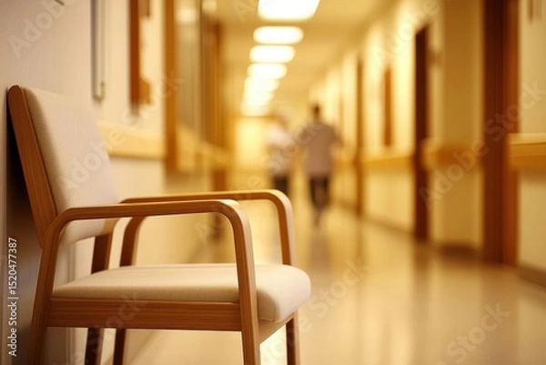 Obraz A lone beige chair sits in a pale, long hospital corridor, with blurred figures walking away