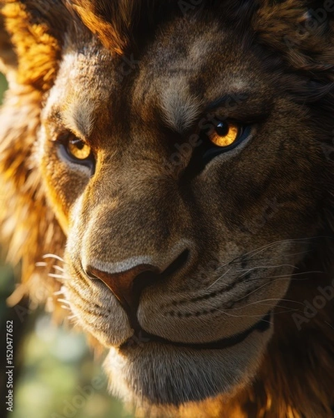 Fototapeta Close-up of a Fierce Wild Lion's Face By Generated AI