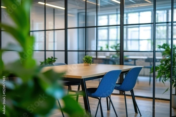 Obraz Modern office meeting room with glass partition, light wood table, blue chairs, and potted plants