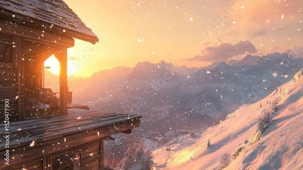 Fototapeta Snowy Rustic Wooden Cabin in the Mountains By Generated AI