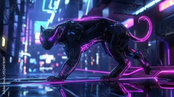 Fototapeta Sleek Cybernetic Panther in a Neon Futuristic Setting By Generated AI