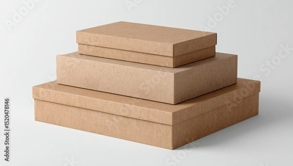 Fototapeta Three nested rectangular cardboard boxes, light brown, textured surface, simple design, on white background