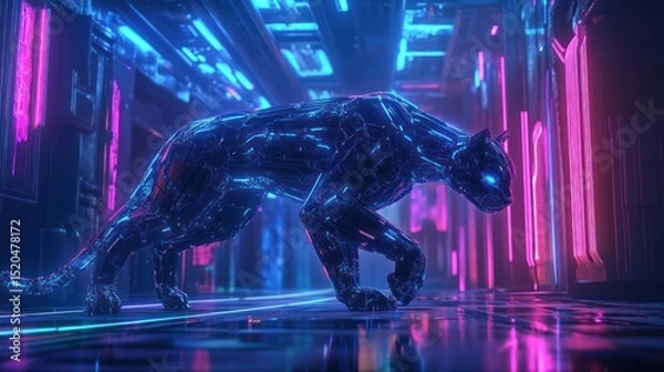 Fototapeta Sleek Cybernetic Panther in a Neon Futuristic Setting By Generated AI