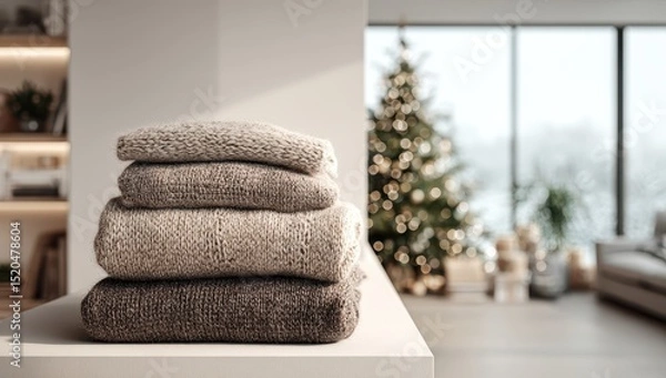 Obraz A neatly stacked pile of neutral-toned knit sweaters sits on a minimalist white surface, with a blurred background featuring a Christmas tree and modern living space