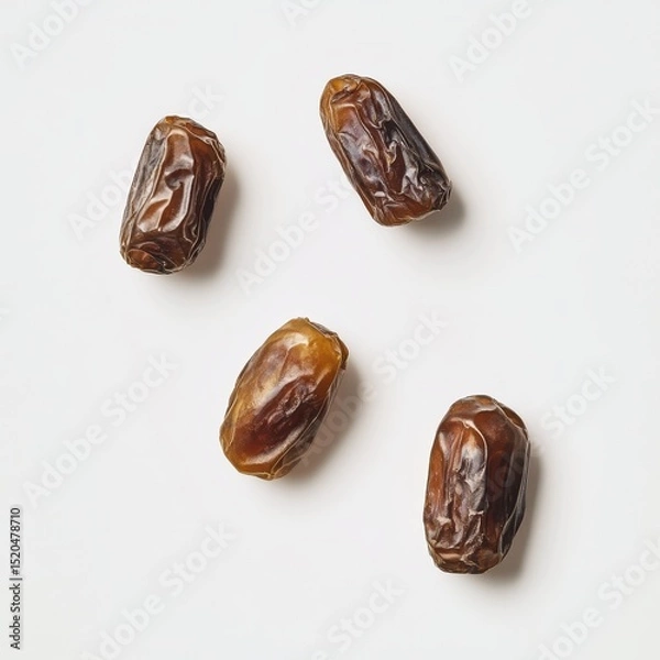 Obraz Four dark brown dates scattered on a plain white background, captured in a close-up overhead shot