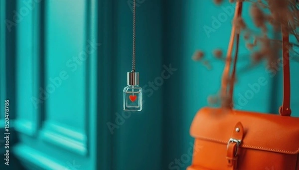 Obraz Teal wall backdrop with a small, heart-shaped perfume charm hanging, and a burnt orange leather bag softly blurred in the foreground