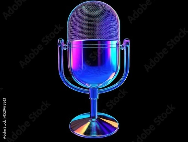 Obraz Iridescent retro microphone on a black background, exhibiting vibrant blue, pink, and purple hues