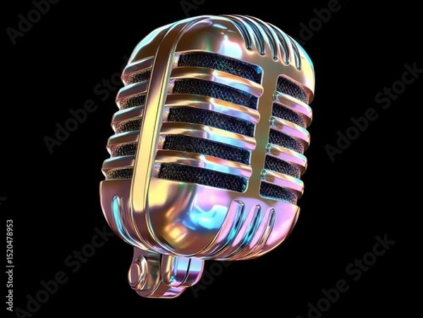 Obraz Iridescent metallic retro microphone, angled, isolated on black background, showcasing chrome and colorful reflections
