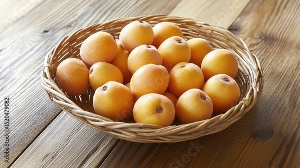Obraz A wicker basket brimming with ripe, orange-hued fruits sits on a rustic wooden surface
