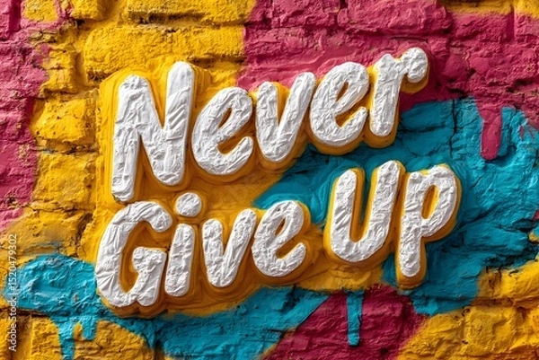 Obraz Never Give Up motivational quote painted in bold white letters on a colorful graffiti wall with yellow, pink, and blue hues