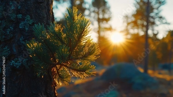 Obraz A sunlit pine sprig emerges from a textured tree trunk, backlit by a vibrant sunset in a coniferous forest