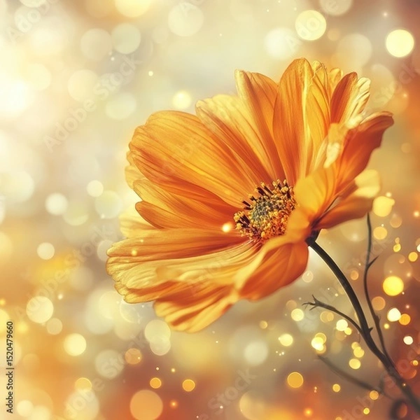 Obraz A single, vibrant orange cosmos flower blossoms against a bokeh background of warm gold and beige lights