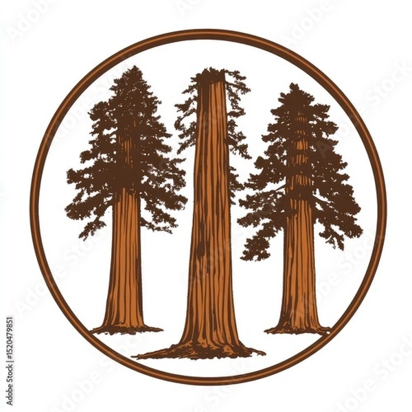 Obraz Three redwood trees, tall and majestic, encircled by a rustic brown frame, rendered in a vintage, woodcut style