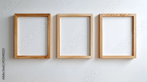 Fototapeta Three light wood picture frames hanging on a white wall in a horizontal arrangement with blank space