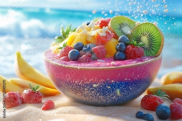 Fototapeta Tropical Fruit Smoothie Bowl on a Beach. Fresh Summer Snack with Kiwi, Banana, and Mango Berries