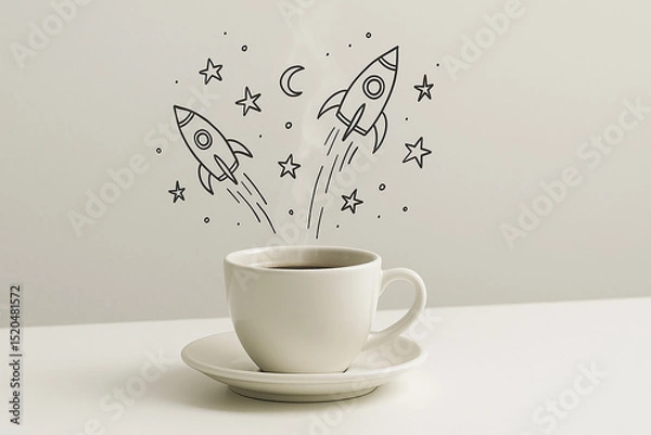 Fototapeta A white coffee cup releases gentle steam that transforms into playful line art of rockets, stars, and a moon - Generative AI