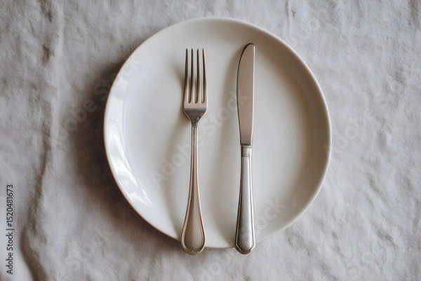 Obraz A minimalist setting featuring a white plate with a silver fork and knife placed on a light-colored tablecloth