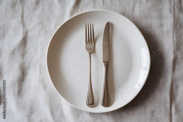 Obraz A minimalist dining setup featuring a white plate with a silver fork and knife placed on a light-colored tablecloth