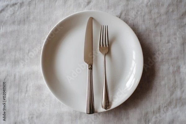 Obraz A minimalist table setting featuring a white plate with a silver knife and fork placed on a light-colored cloth background