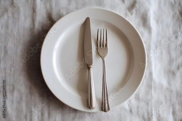 Obraz A minimalist dining setup featuring a white ceramic plate with a silver knife and fork placed on a light-colored linen tablecloth