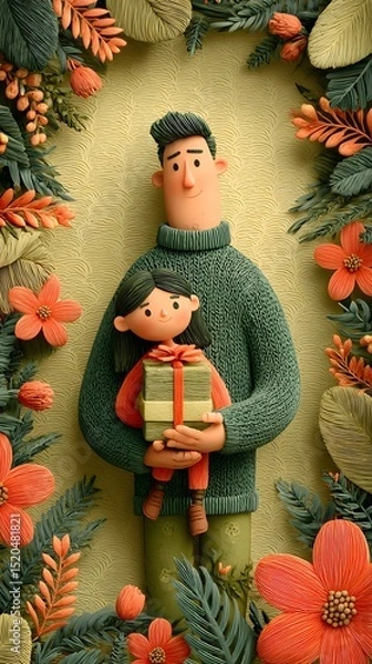 Obraz A cheerful animated character holding a gift box surrounded by vibrant flowers and leaves in a festive setting