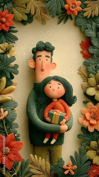 Obraz A heartwarming illustration of a man and a child sharing a moment of joy surrounded by vibrant flowers and leaves