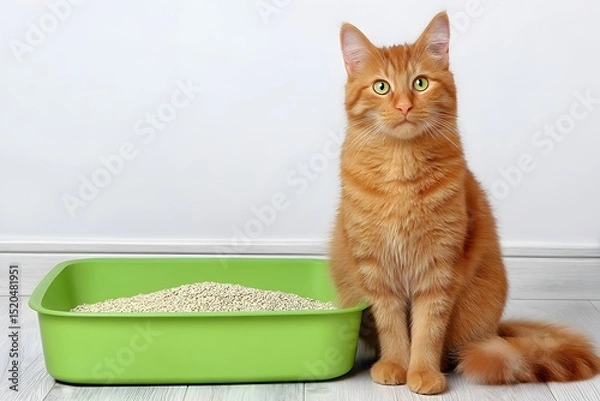 Obraz An orange tabby cat with green eyes sitting next to a green litter box filled with white litter on a wooden floor against a white wall