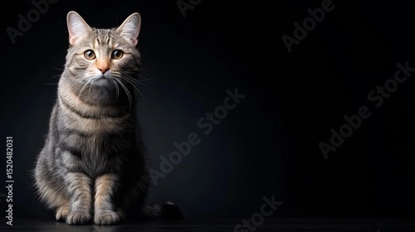 Obraz A gray tabby cat with striking yellow eyes sits calmly on a dark background, its fur patterned with distinctive stripes and swirls.