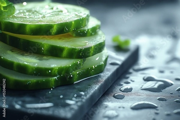 Fototapeta Farm Fresh Cucumber Slices with Water. Vibrant Healthy Organic Texture for Nutrient-Rich Cuisine and Meal Prep