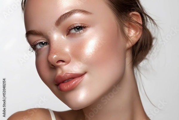 Obraz A close-up portrait of a young woman with glowing skin, freckles, and a gentle smile against a white background.