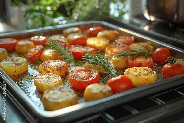 Fototapeta Oven-Baked Sliced Tomatoes with Fresh Herbs. A Healthy and Colorful Roasting Recipe