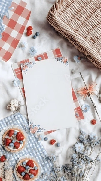 Obraz A cozy picnic setup with a blank paper on a red and blue checkered tablecloth surrounded by dried flowers, berries, and a wicker basket