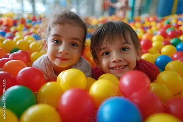 Obraz Two adorable children enjoying a colorful ball pit at an indoor playground, smiling and looking directly at the camera.