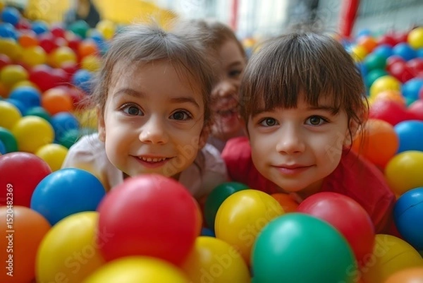 Obraz Two young children smiling and looking at the camera while surrounded by colorful plastic balls in an indoor playground.