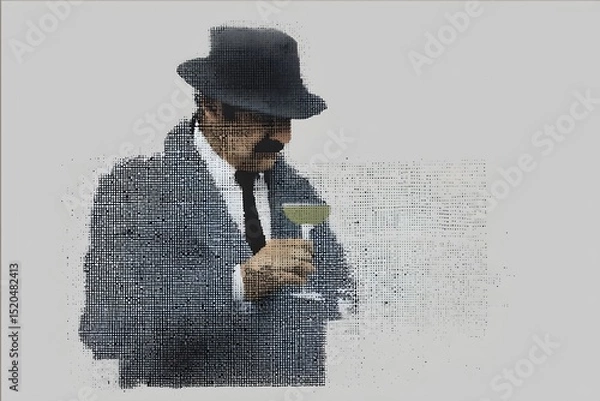 Obraz A pixelated image of a man wearing a black hat and suit, holding a glass of wine, with a mustache and serious expression.