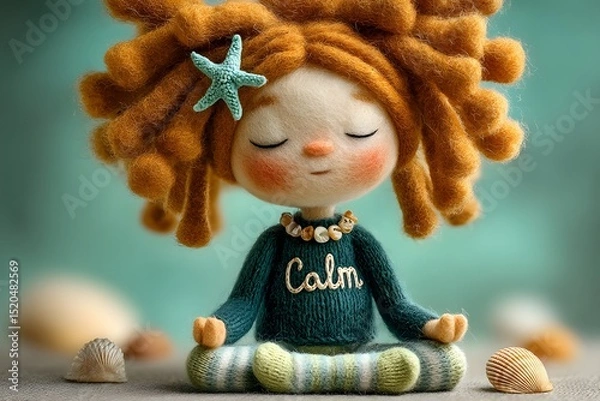 Obraz A serene felt doll with curly orange hair and a starfish decoration, wearing a sweater that says 'Calm', sitting in a meditative pose surrounded by seashells.